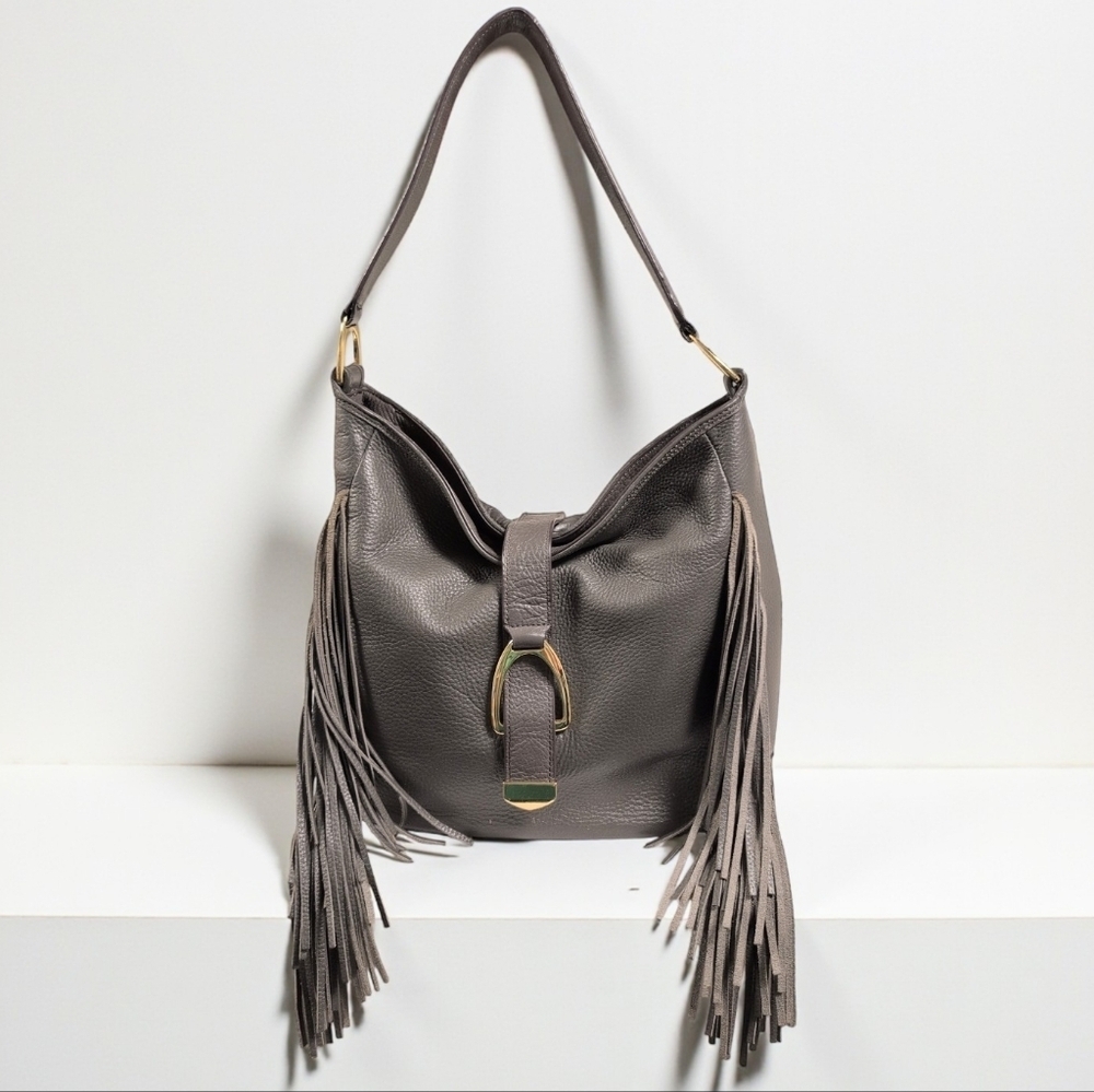 G.I.L.I. Gray Leather Hobo Bag Side Fringe Boho Western Festival Shoulder Bag